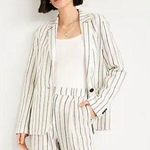 OLD NAVY TAYLOR LINEN BLEND WHITE GRAY STRIPE BLAZER JACKET WOMENS SZ MEDIUM